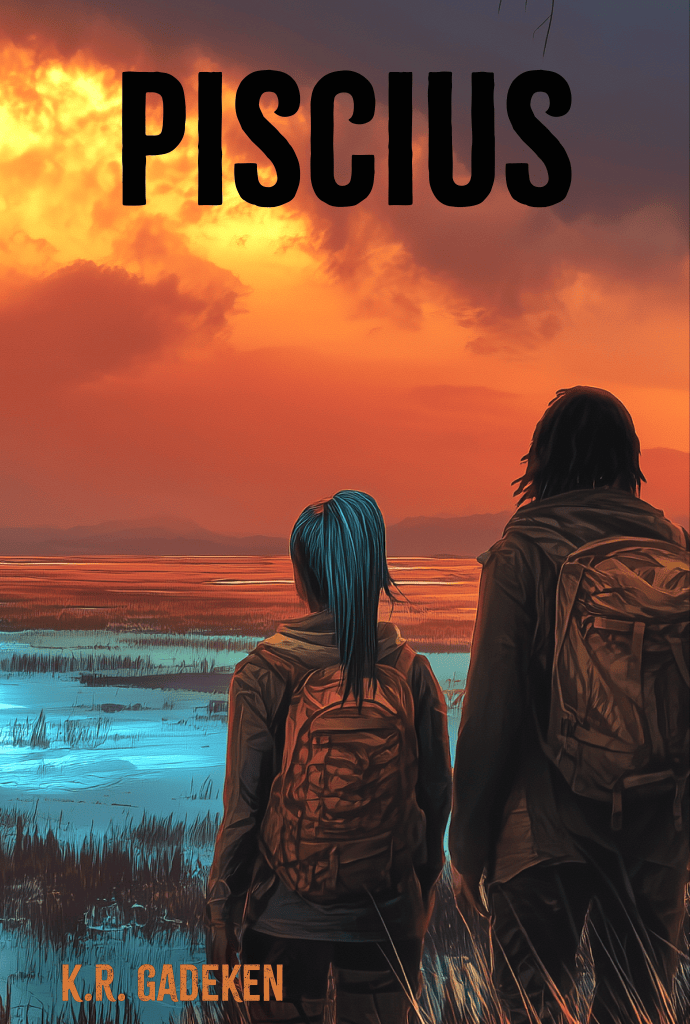 Cover of the book 'Piscius' by K.R. Gadeken featuring two figures with backpacks standing in a scenic landscape at sunset, with vibrant colors of orange, blue, and dramatic clouds.